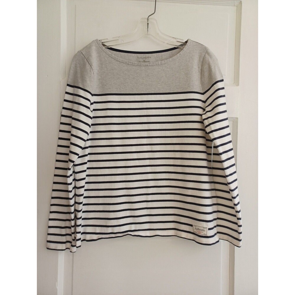 Talbots Authentic Tee navy white stripe M  cotton knit long sl. nautical preppy